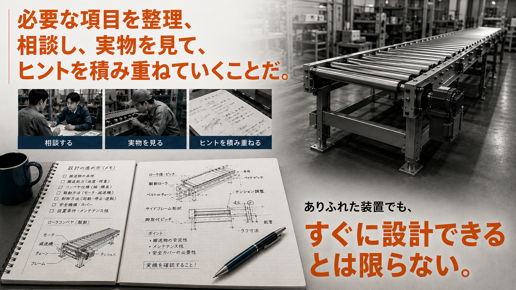 工場でよく見るモノ、コンベアを設計した。